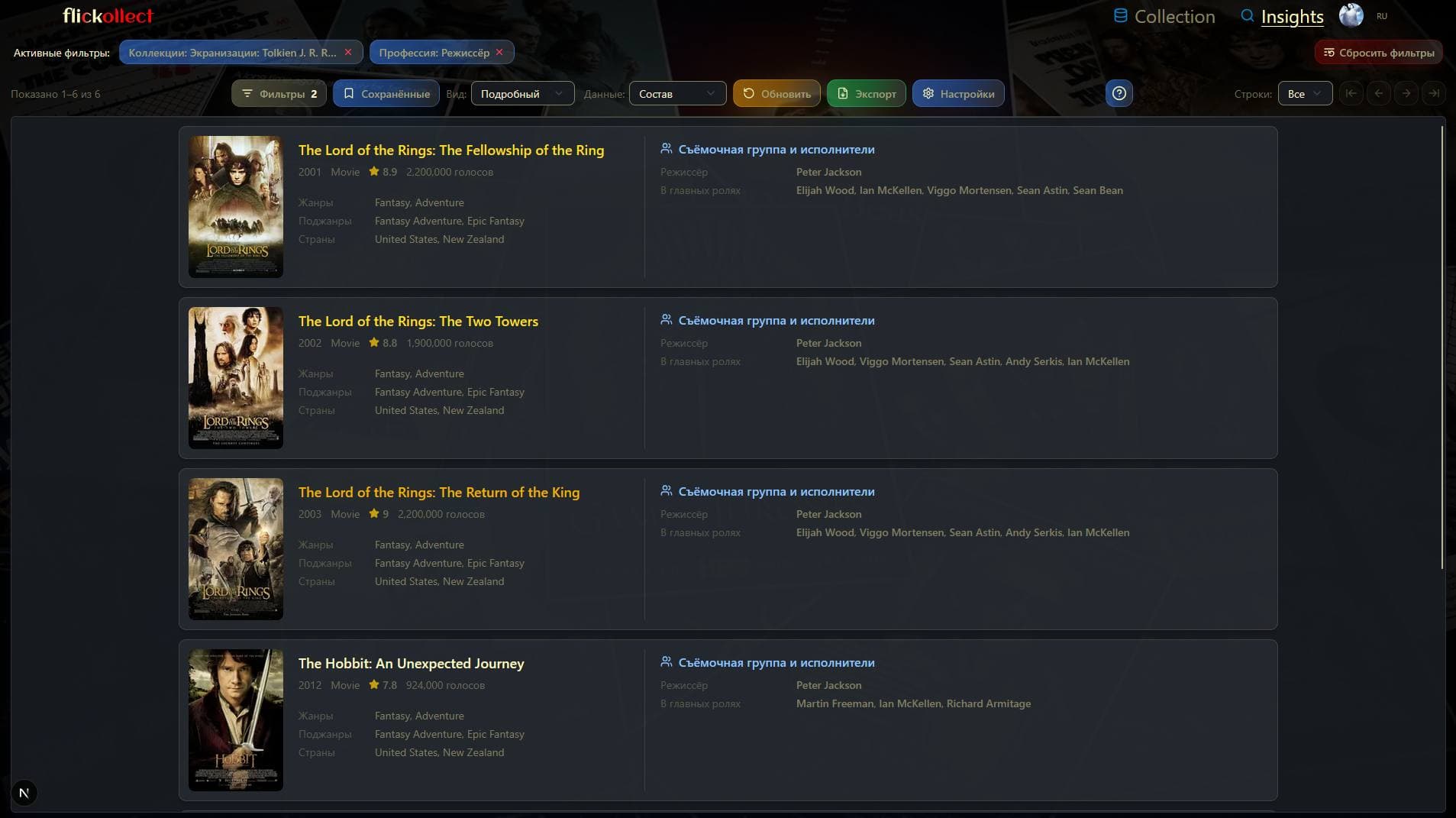 Tolkien adaptations in Insights: detailed cards showing directors and actors
